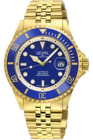Gevril Mens Wall Street Swiss Automatic Sellita SW200 Bright Blue Enamel Dial, IPYG Satin and Polished Bracelet Watch - - One Size