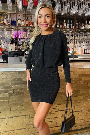 Ax Paris Womens Sparkly Long Sleeve Ruched Mini Dress - Size 10 UK