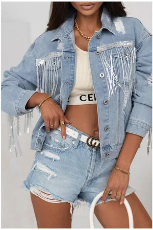 Azura Exchange WoMens Sequin Fringe Distressed Denim Jacket in Cotton - Size X-Large