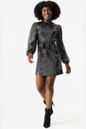 Gini London Womens High Neck Long Sleeves Belted Sequin Dress - - Size 10 UK
