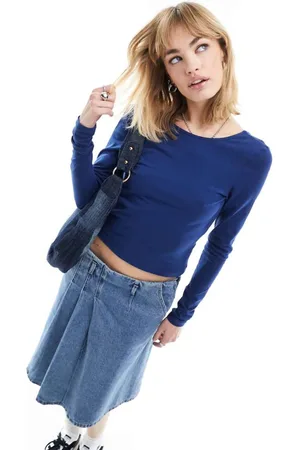 Noisy May Womens long sleeve open back top in blue-Navy - - Size Large