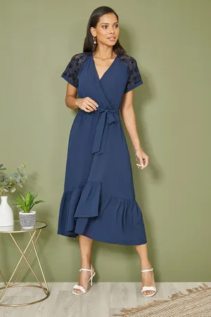 Yumi Womens Lace Sleeve Midi Wrap Over Dress - Size 14 UK
