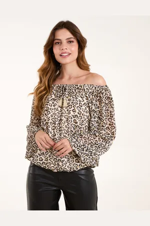 Blue Vanilla Womens Bardot Elastic Neckline Leopard Tassel Top - - Size Small/Medium