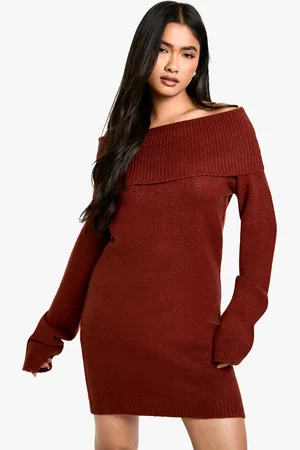 Boohoo Womens Rib Bardot Neckline Mini Jumper Dress - - Size Large