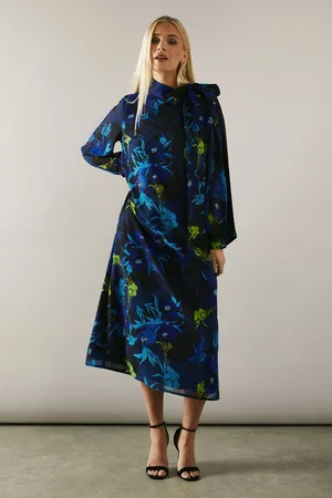 wallis Womens Petite Floral Print Tie Neck Georgette Midi Dress - - Size 10 UK