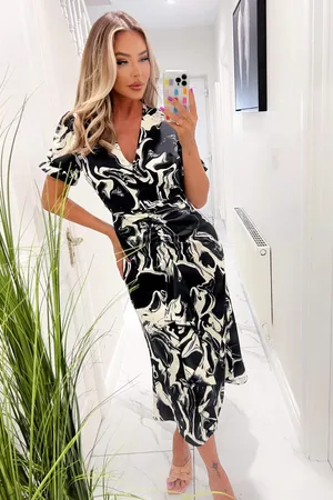 Ax Paris Womens And Cream Printed Frill Front Midi Dress - Size 10 UK