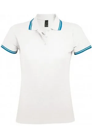 Sols Womens/Ladies Pasadena Tipped Short Sleeve Pique Polo Shirt (White/Aqua Blue) - Cotton - Size X-Large