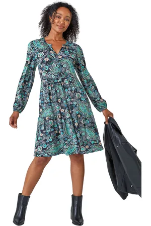 Roman Womens Petite Paisley Tiered Stretch Dress - - Size 18 UK
