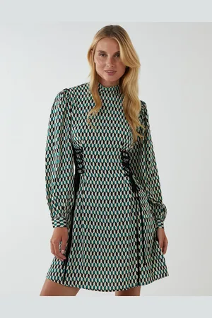 Blue Vanilla Womens Geometric Print Lace Side Waist High Neck Dress - - Size 8 UK