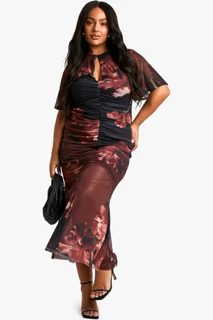 Boohoo Womens Plus Floral Ruched Godent Hem Midaxi Dress - - Size 28 UK