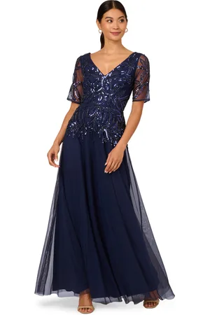 Adrianna Papell Womens Beaded Mesh Long Dress - - Size 8 UK
