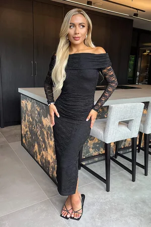 Ax Paris Womens Lace Bardot Long Sleeve Ruched Bodycon Midi Dress - Size 10 UK