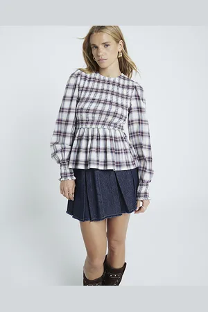 River Island Womens Top Shirred Checked Cotton - Size Medium