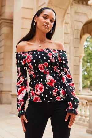 Sosandar Womens & Pink Floral Print Shirred Body Bardot Top - Size 14 UK