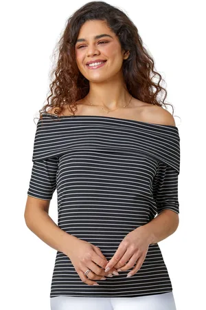 Roman Womens Stripe Ribbed Stretch Bardot Top - - Size 20 UK