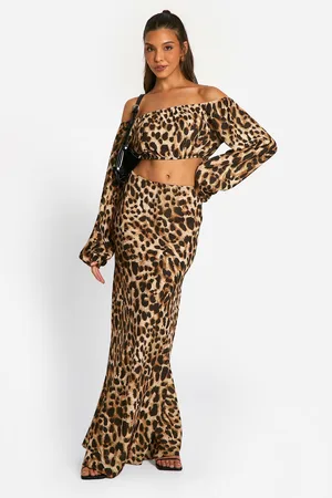 Boohoo Womens Hammered Leopard Volume Sleeve Crop & Bias Maxi Skirt - - Size 6 UK