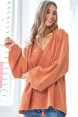 Azura Exchange Womens Crinkle Textured Frill Split Neck Puff Sleeve Blouse Cotton - Size Medium
