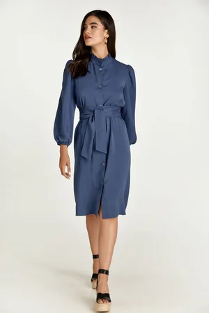 Conquista Womens Belted Long Sleeve Indigo Dress in Tencel - - Size Medium