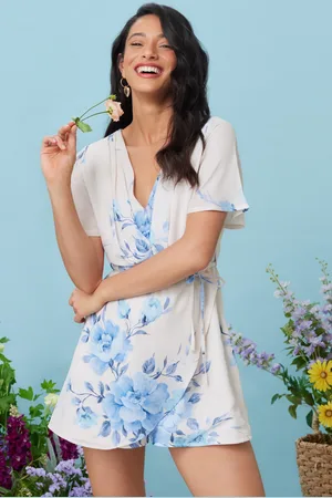 Quiz Womens Blue Floral Print Wrap Tie Playsuit - - Size 8 UK