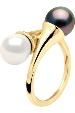 Diadema Womens - Ring You & Me in Yellow Gold - Real Freshwater Pearls and Tahitian - White - - Size T