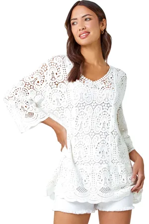 Roman Womens Cotton Crochet Tunic Top - - Size 16 UK
