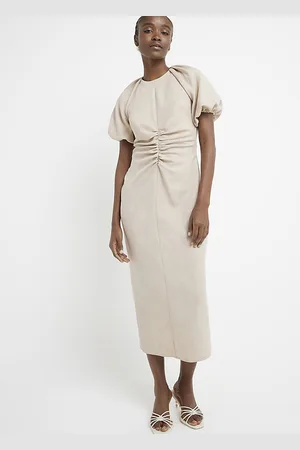 River Island Womens Shift Midi Dress Ruched Puff Sleeve - Size 8 UK