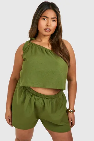 Boohoo Womens Plus Linen Look One Shoulder Top & Short Co Ord - Viscose - Size 28 UK