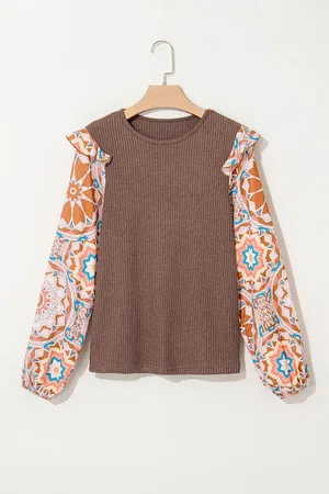 Azura Exchange Womens Coffee Ruffled Floral Sleeve Patchwork Waffle Knit O Neck Blouse - - Size Small