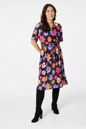 Izabel London Womens Floral Long Sleeve Pleated Dress - - Size 8 UK