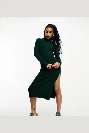 ASOS Womens DESIGN knitted maxi dress with high neck and side split in dark - Size 2 UK