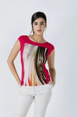 Conquista Womens Red Print Detail Cap Sleeve Top - Viscose - Size EU 36 (Womens)