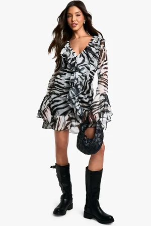 Boohoo Womens Extreme Ruffle Chiffon Zebra Shift Dress - - Size 18 UK