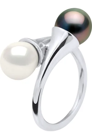 Diadema Womens - Ring You & Me in White Gold - Real Freshwater Pearls and Tahitian - - - Size N