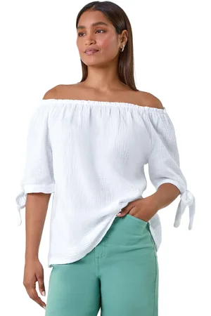 Roman Womens Cotton Blend Tie Detail Bardot Top - - Size Small