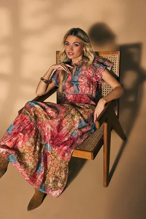 Oasis Womens Patchwork Print Metallic Jacquard Tiered Midi Dress - - Size 14 UK