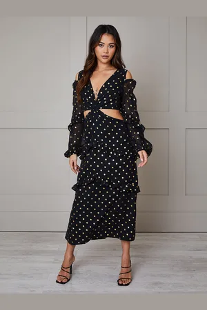 Chi Chi London Womens Petite Long Sleeve Ruffle Detail Foil Spot Maxi Dress in - Size 14 UK