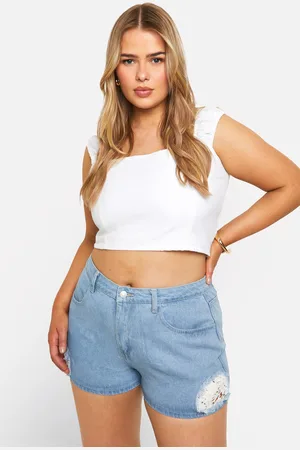 Boohoo Womens Plus Crochet Mix Denim Shorts - Cotton - Size 24 UK