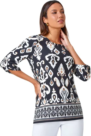 Roman Womens Border Print Stretch Jersey Top - - Size 10 UK