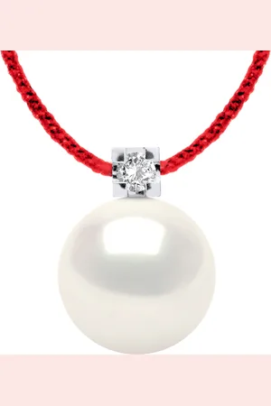 Diadema Womens - Necklace - Red Nylon - Freshwater Pearl and Real Diamond - One Size