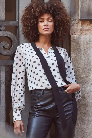 Sosandar Womens Ivory & Black Spot Print Tie Neck Blouse - - Size 6 UK