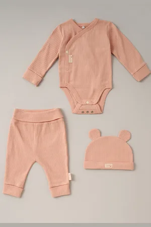 HOMEGROWN Childrens Unisex 3-Piece Ribbed Bodysuit, Joggers and Bear Hat Set - - Size 3-6M