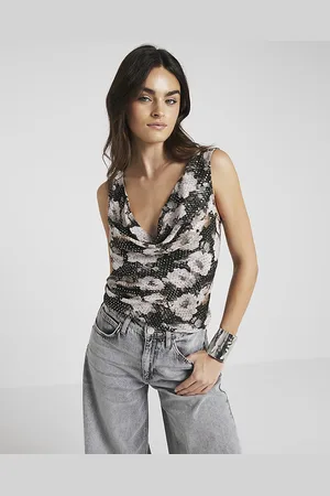 River Island Womens Top Sequin Floral Cowl Neck viscose - Size 14 UK