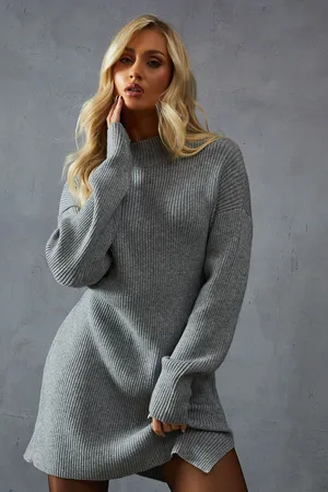 MissPap Womens Knitted Rib Grown On Neck Split Leg Mini Dress - viscose - Size X-Small/Small