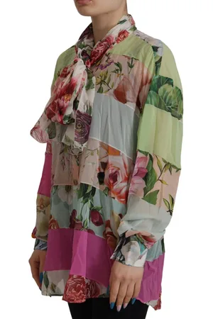 Dolce & Gabbana WoMens Multicolor Floral Patchwork Design Ascot Collar Top Blouse - Silk - Size EU 42 (Womens)