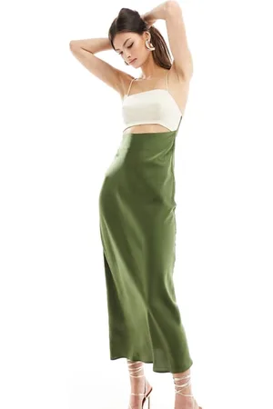 ASOS Womens DESIGN satin colourblock midi dress with cut out in gold bodice-Green - Size 18 UK