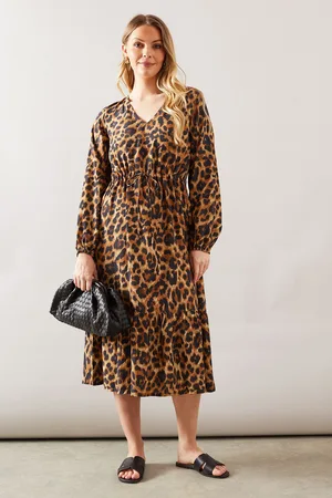 wallis Womens Leopard Print Drawstring Viscose Midi Dress - - Size 16 UK