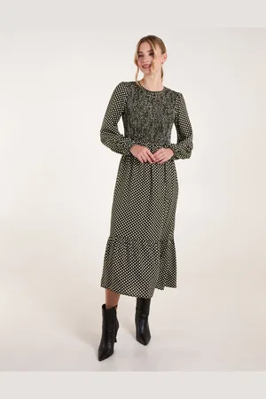 Blue Vanilla Womens Polka Dot Shirred Cuff Sleeve Midi Dress - - Size Medium