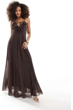 ASOS Womens lace up ruffle cami maxi dress with godet in chocolate- - Size 8 UK