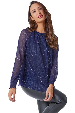 Roman Womens Shimmer Embellished Plisse Top - Faux Leather - Size 14 UK