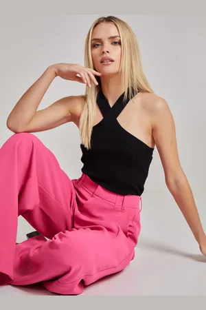Pink Vanilla Womens Ribbed Sleeveless Halter Neck Top - - Size Large